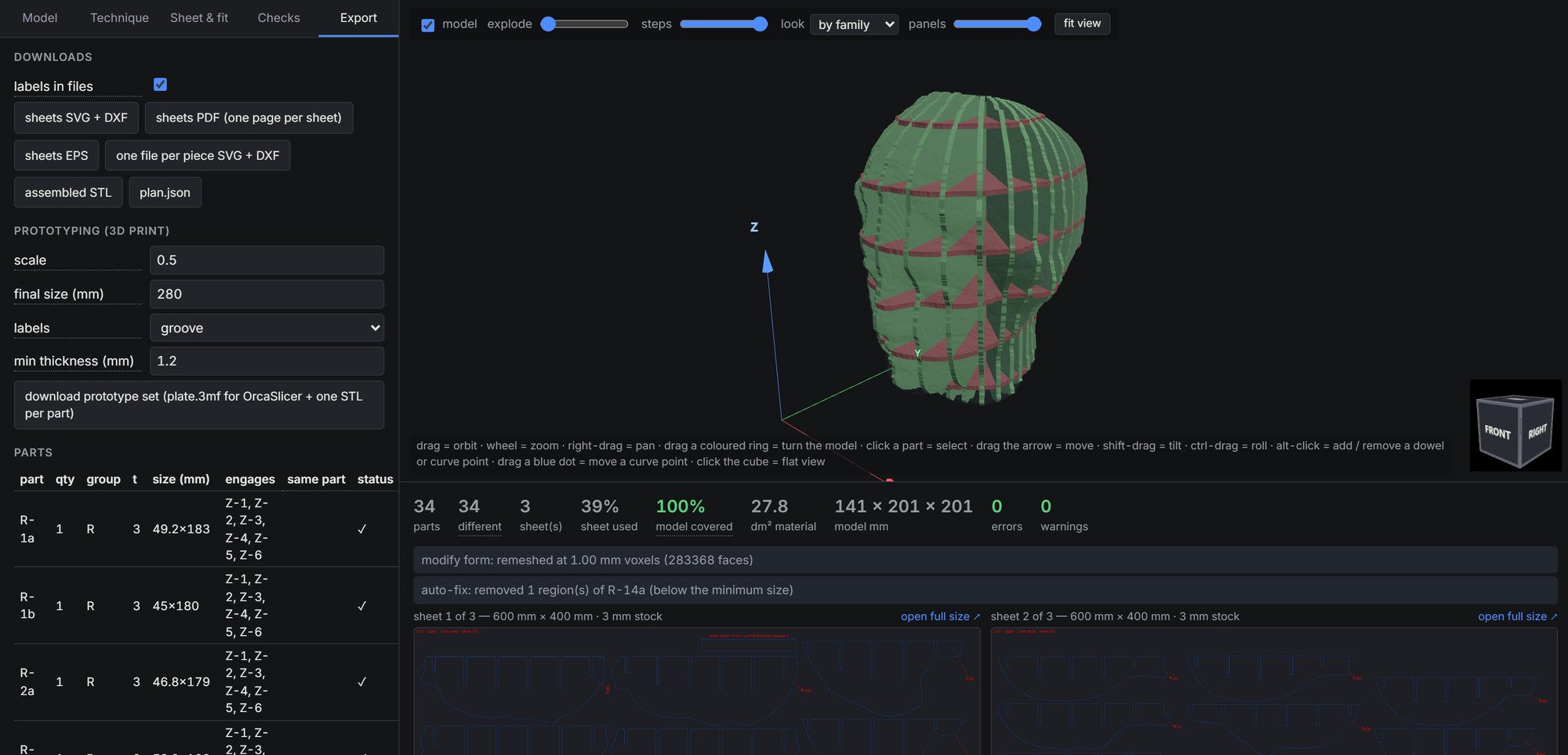 The export tab with download links and prototyping options