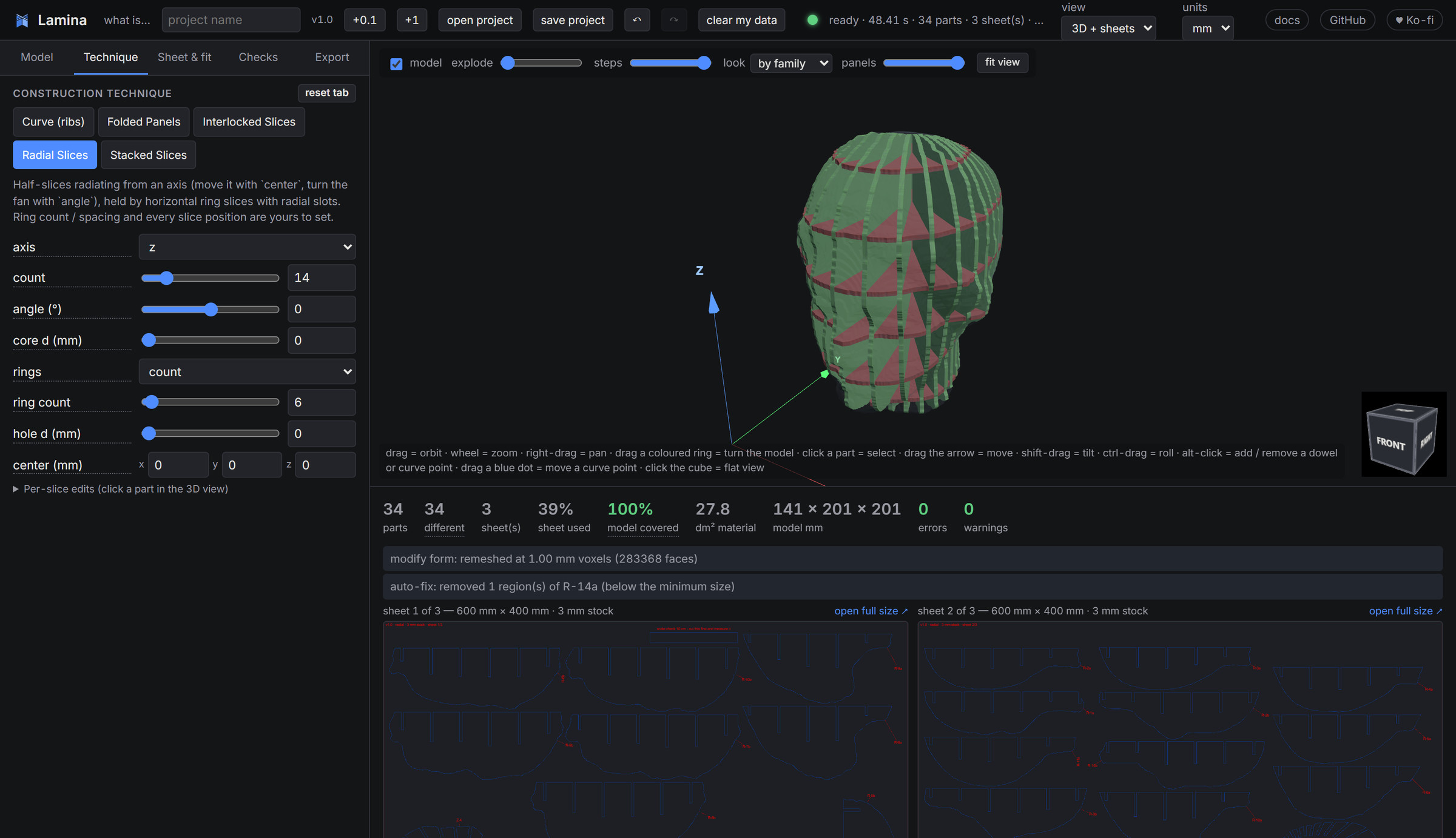 The Lamina interface: parameters on the left, a 3D preview of a radially sliced head in the middle, cut sheets below.