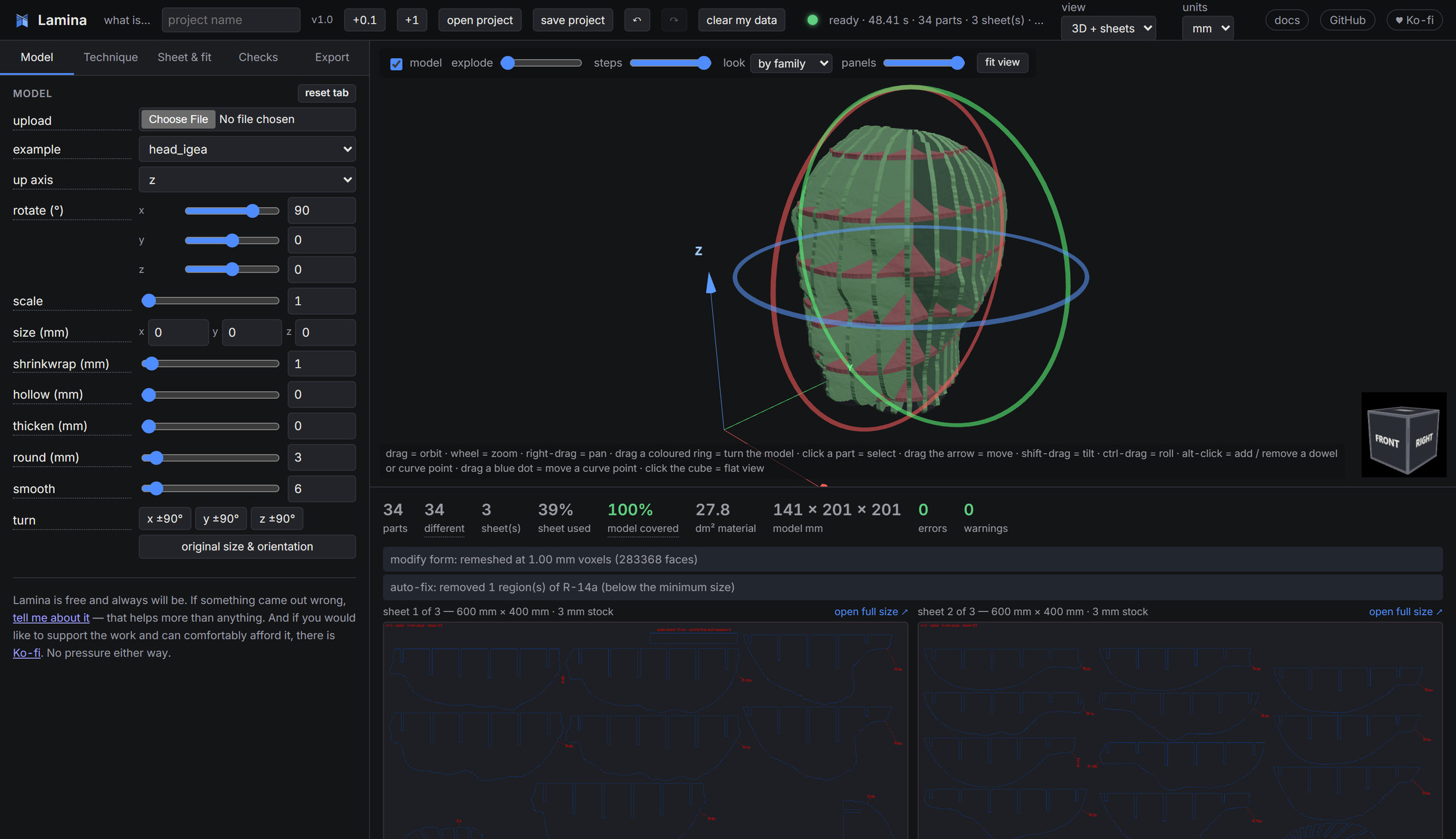 The model tab with rotation rings around the model