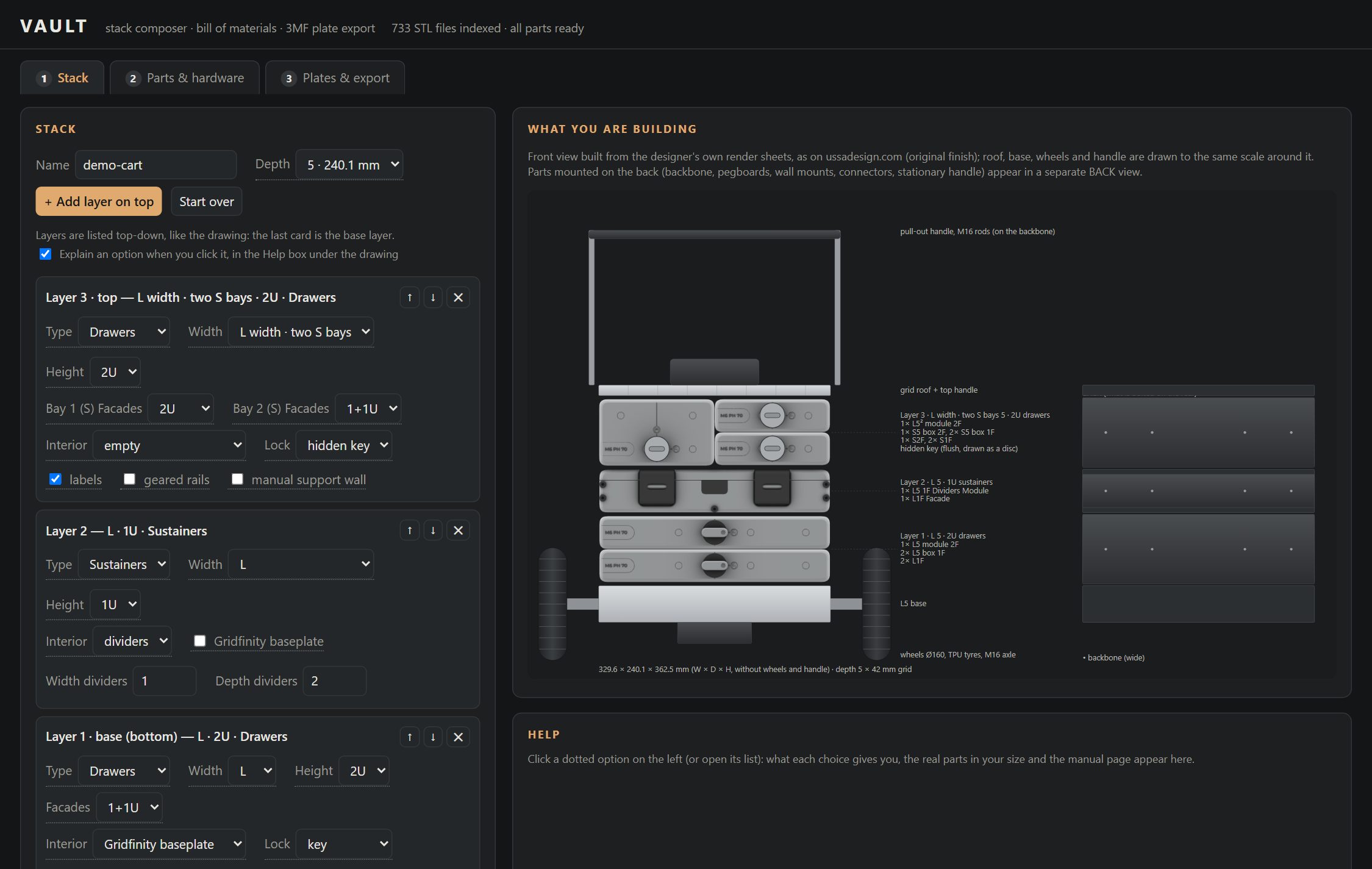 The Stack tab: layers on the left, the composed stack drawn to scale on the right
